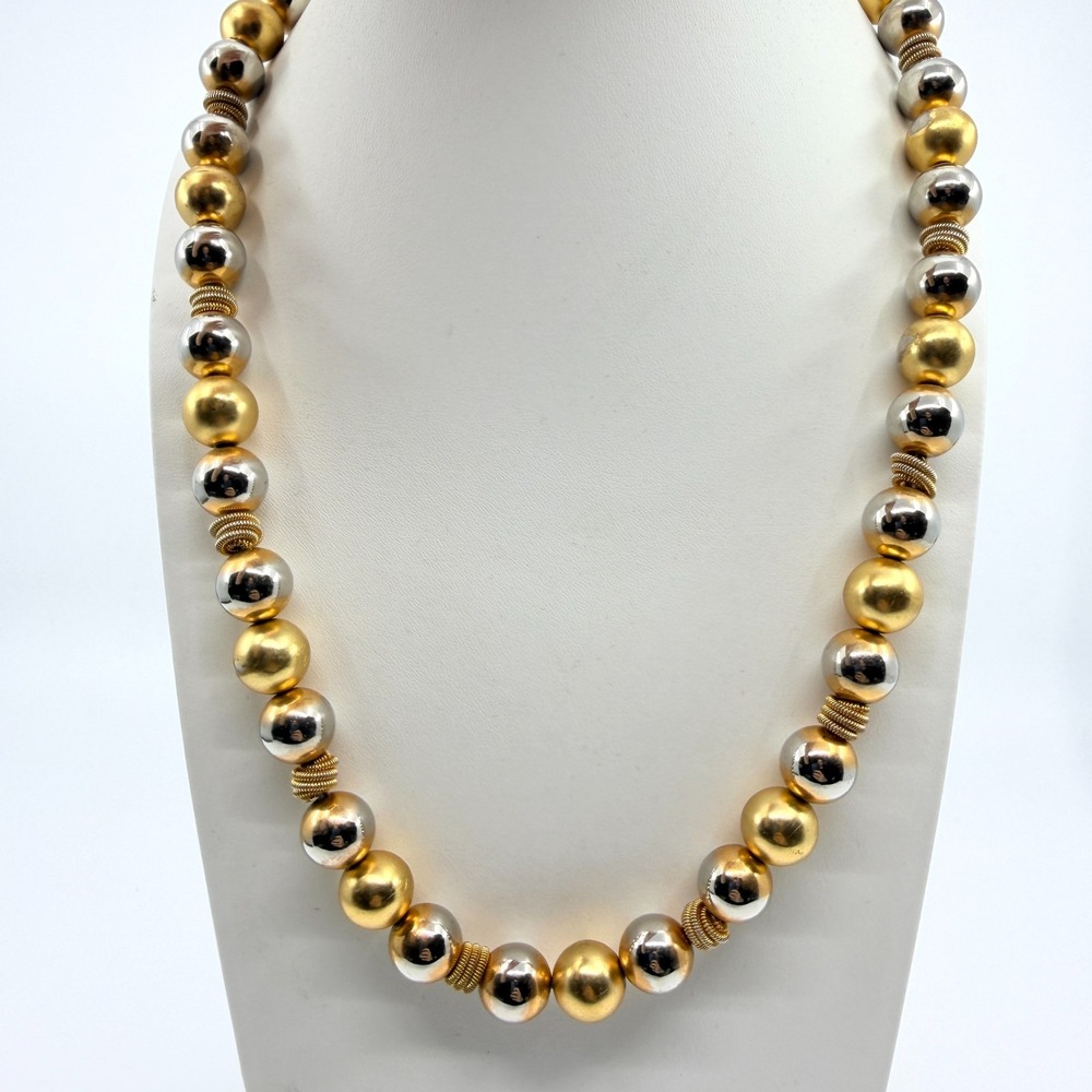 VTG Two Tone Gold & Silver Tone Big Ball Bead Strand Necklace Chunky Statement